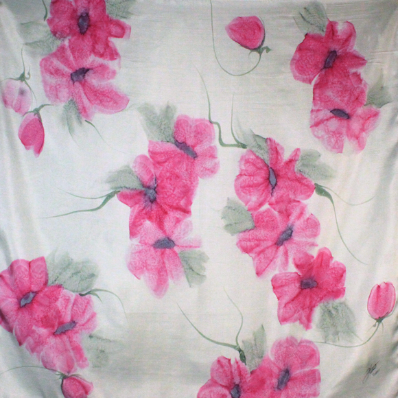 Bufanda cuadrada de seda blanca con flores rosas - Soierie Huo