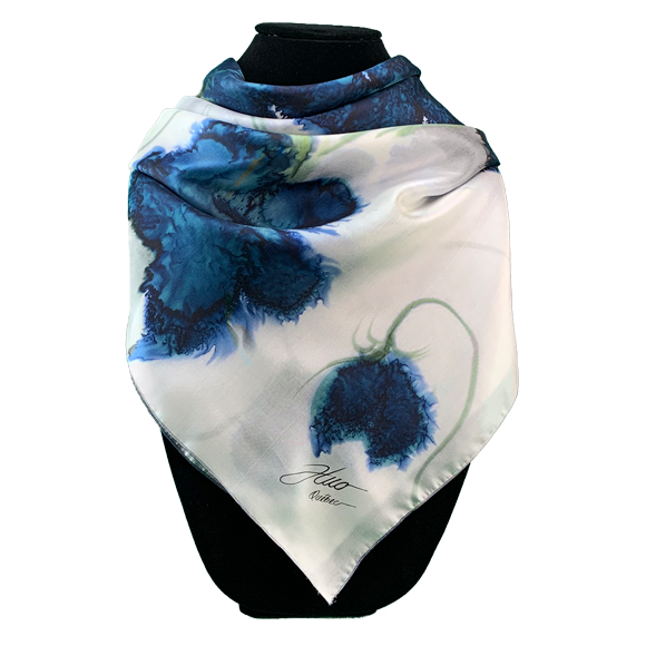 Bufanda cuadrada de seda blanca con flores marinas - Soierie Huo