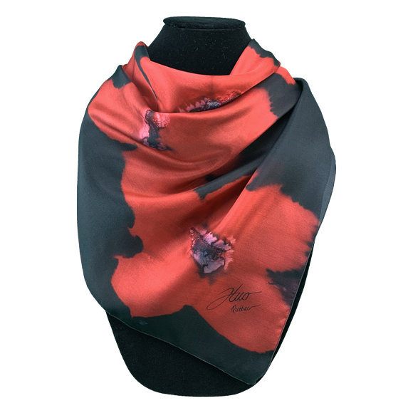 Bufanda cuadrada de seda negra con flores rojas - Soierie Huo