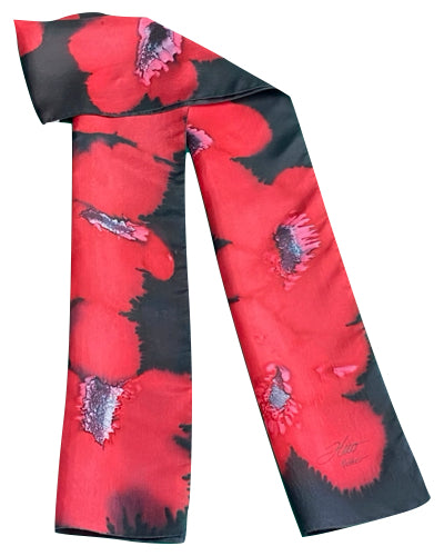 Bufanda de seda negra con flores rojas - Soierie Huo