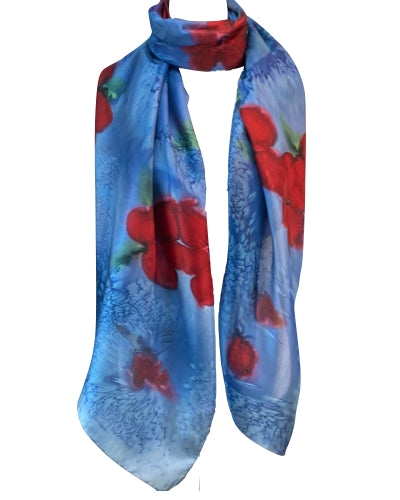 Pareo de seda azul con flores rojas - Soierie Huo